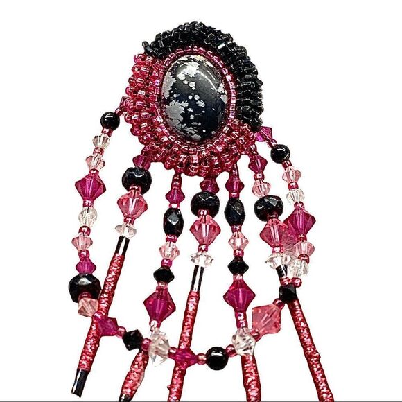 Black snowflake, pink black glass beaded shoulderduster chandelier earrings 4.5” - Picture 6 of 8